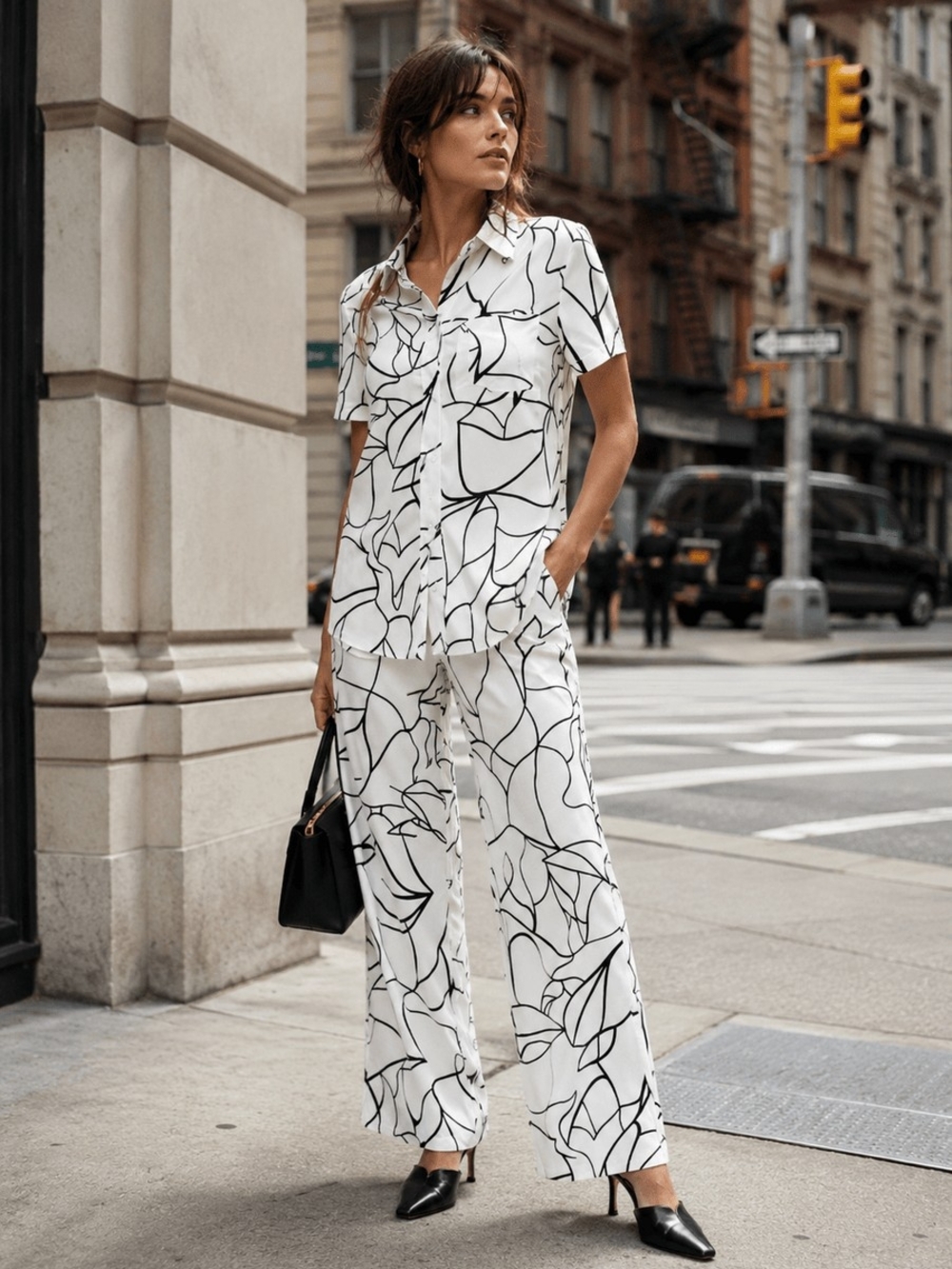 Women's White & Black Printed Wide-Leg Pants Set